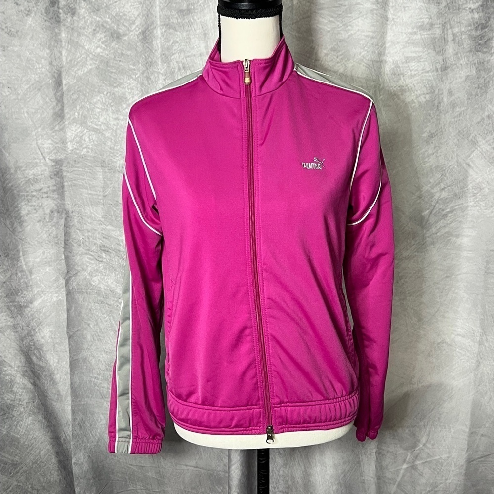Puma Raspberry & Grey Track Jacket with White Piping - MED